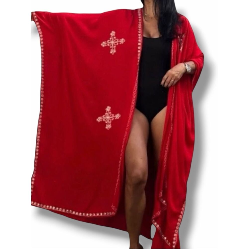 Red Embroidered Long Kimono Robe Beach Cover Up Plus Size High Split Kaftan